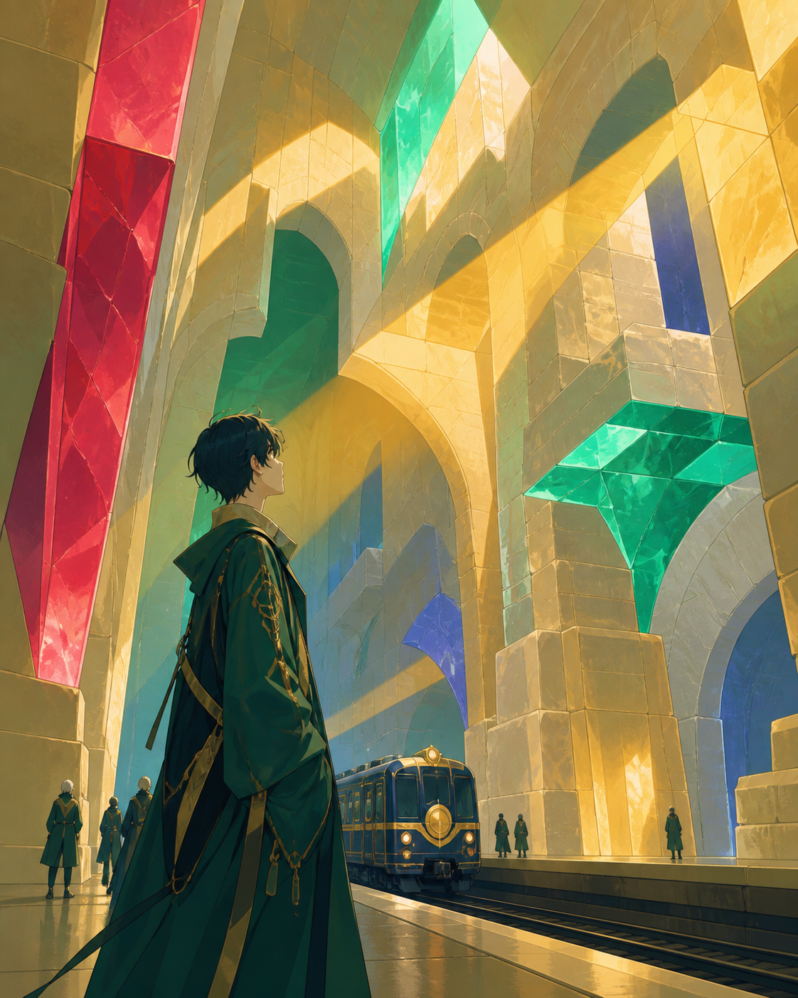 An underground railway cathedral carved from luminous salt, as sunlight passes through it in physically impossible directions. Dramatic vertical composition emphasizing scale and impossible geometry. Emerald, stained-gla