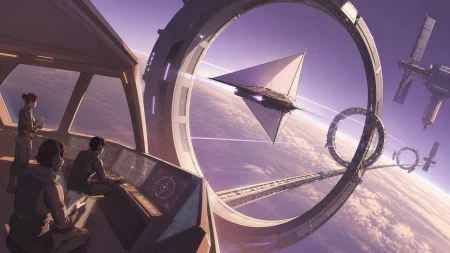 A courier racing a compact solar sailer between moving orbital gates, during a carefully coordinated operation with clear roles. Expansive orbital composition anchored by one clear