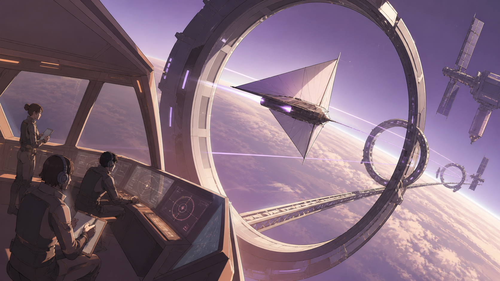A courier racing a compact solar sailer between moving orbital gates, during a carefully coordinated operation with clear roles. Expansive orbital composition anchored by one clearly readable vehicle. Mulberry, tea brown