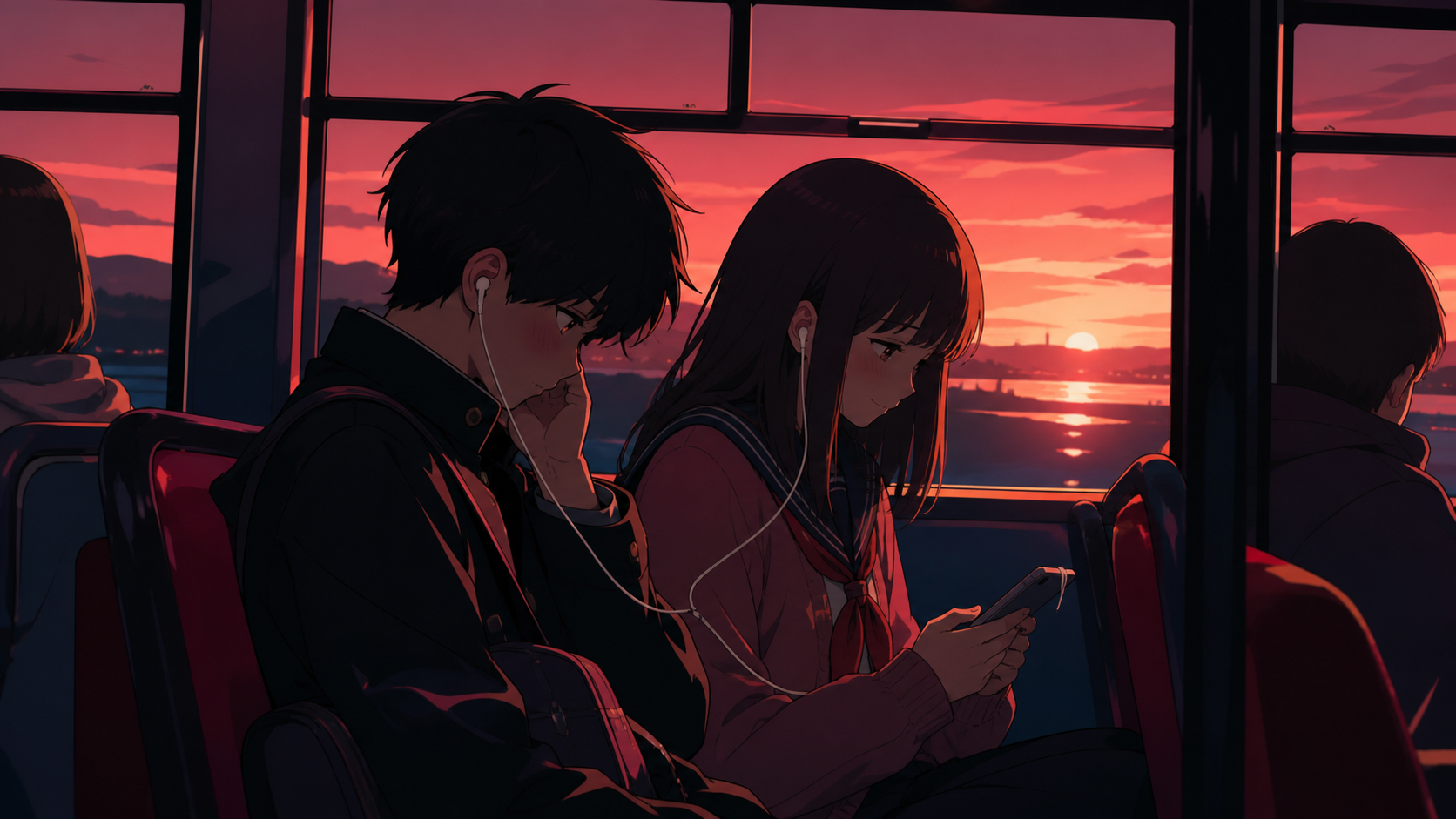 A shy teenager sharing headphones with a classmate on the bus, on the final evening of a familiar season. Observational side view that feels candid rather than posed. Crimson, black cherry, muted bronze, and moon white. 