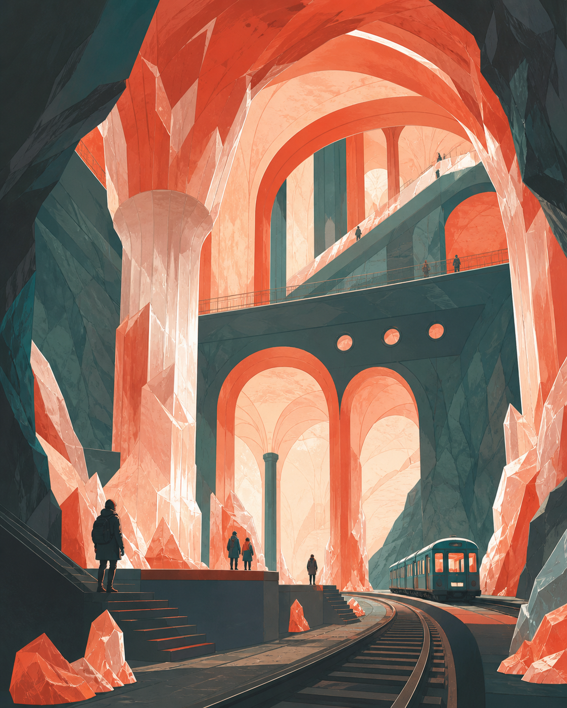 An underground railway cathedral carved from luminous salt, with a few tiny figures quietly exploring its impossible geometry. Dramatic vertical composition emphasizing scale and impossible geometry. Vermillion, charcoal