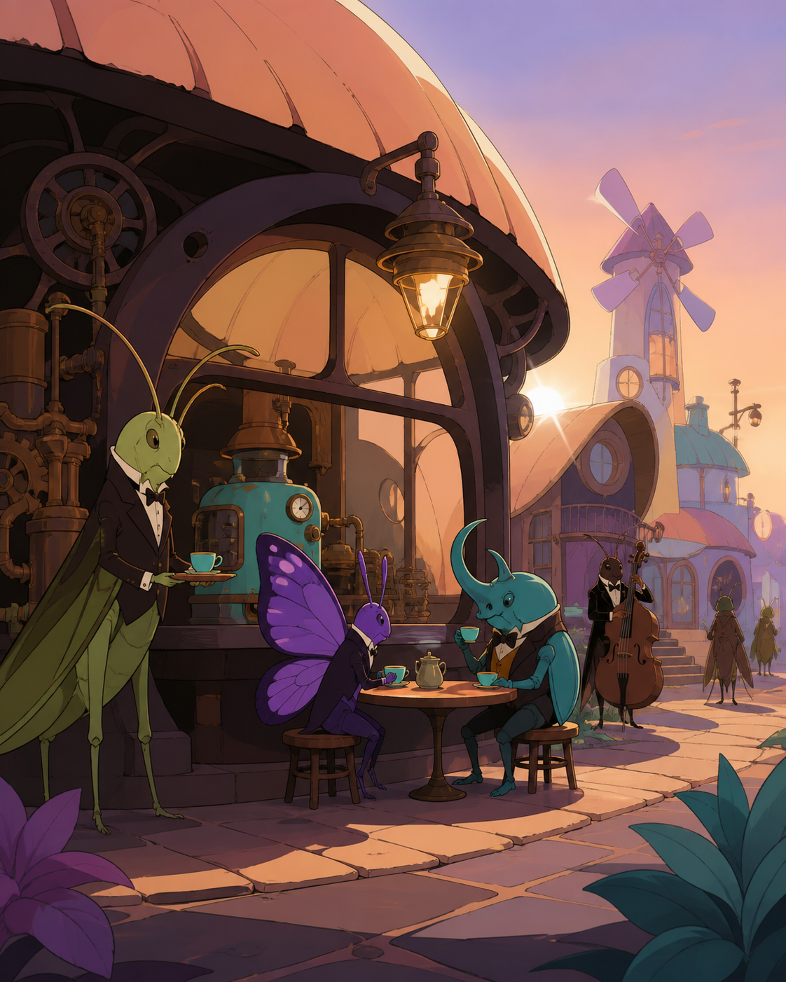 A night café run by polite insect musicians in formal jackets, shown with sophisticated worldbuilding rather than mascot posing. Street-level view immersed in the society's everyday architecture. Apricot, orchid purple, 
