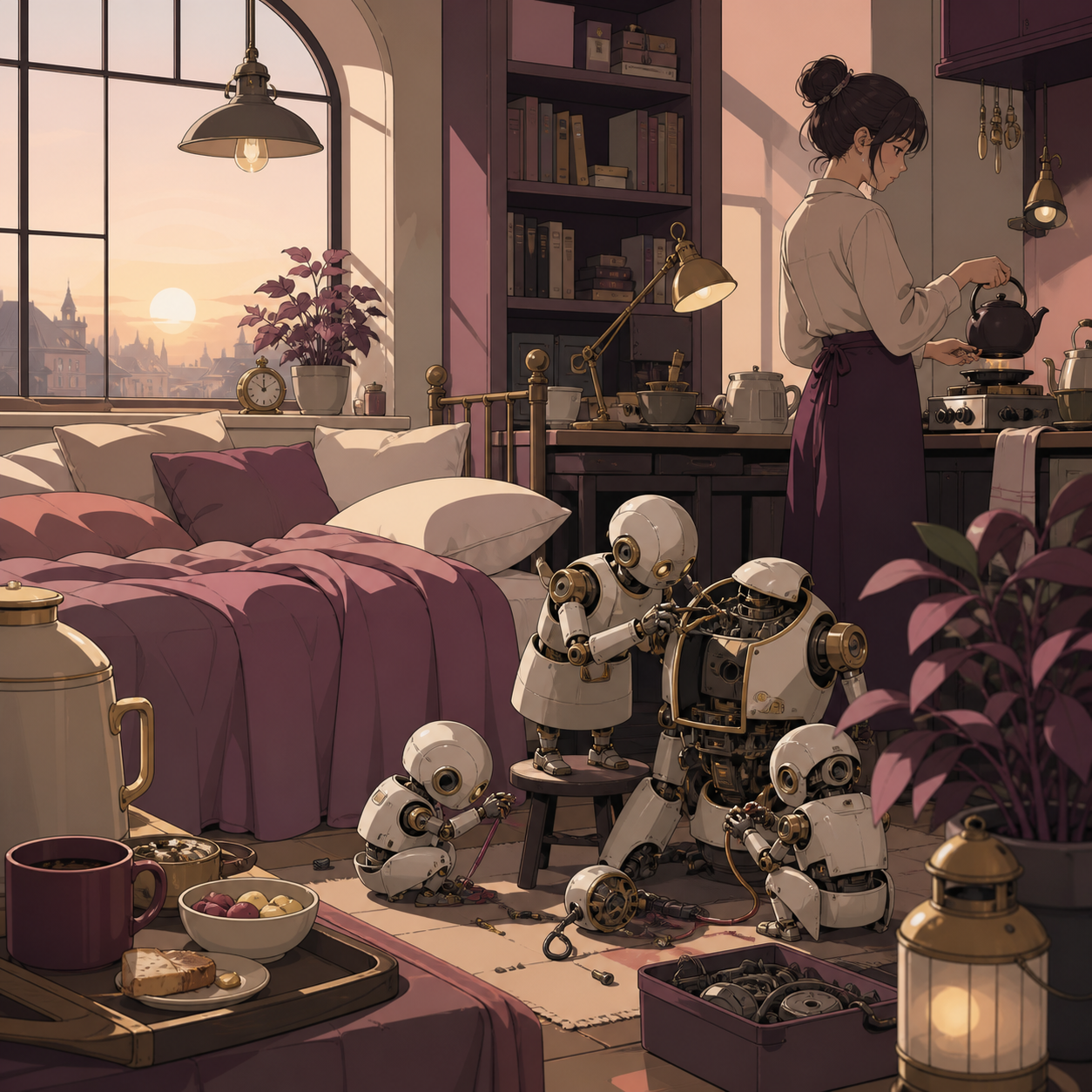 A cluttered bedroom workshop where miniature robots repair one another, at sunrise while breakfast and tea are being prepared. Cozy eye-level view with foreground objects framing the scene. Muted rose, parchment, muted p