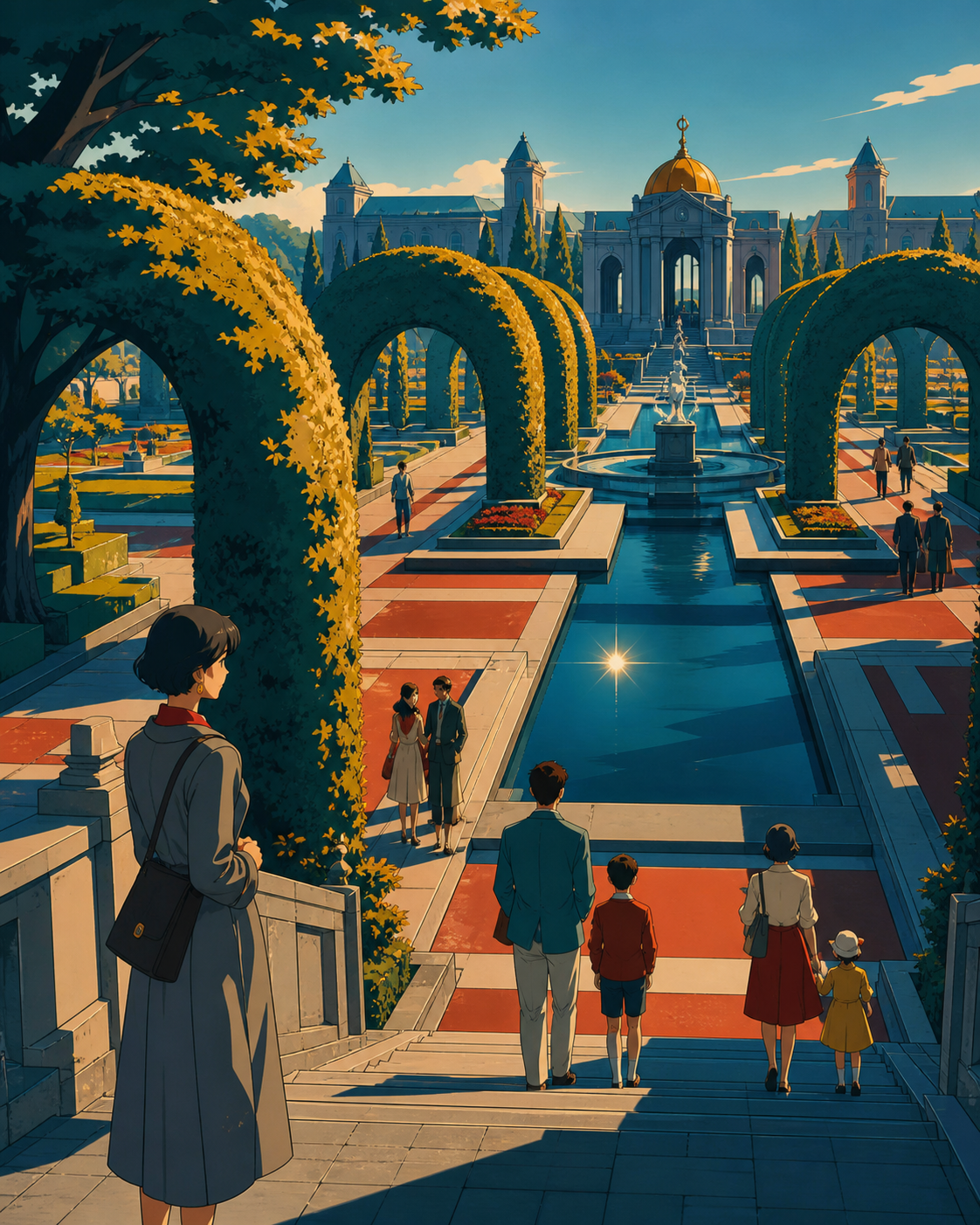 A palace garden where trees are trained into walkable arches, during a quiet public morning with visitors of several ages. Elevated composition revealing geometric planting and water structure. Petrol blue, oxide red, in