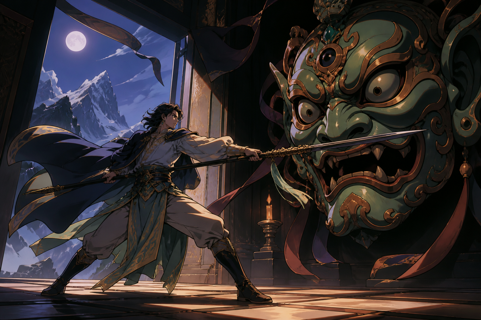 An adult spear dancer holding a mountain pass against a giant ceremonial mask, shown through skillful movement and environmental interaction. Dynamic low-angle view preserving clear silhouettes. Moonlit indigo, oxidized 