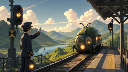 A station attendant greeting a tiny rural train shaped like a friendly beetle, between stations as the passing landscape becomes the main story. Exterior travel vista following the