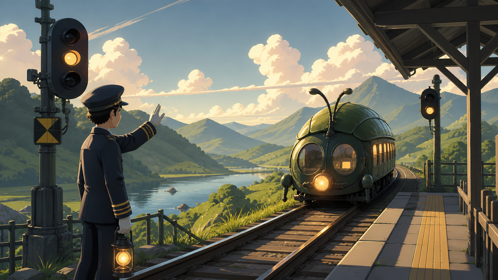 A station attendant greeting a tiny rural train shaped like a friendly beetle, between stations as the passing landscape becomes the main story. Exterior travel vista following the railway through varied terrain. Moss gr