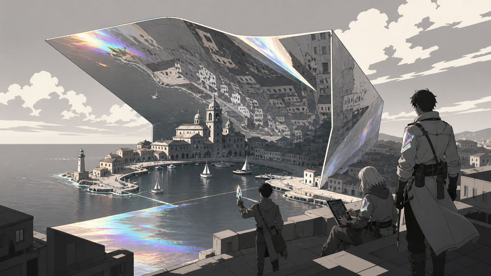 A seaside town folded upward like a paper map around its harbor, as characters test the boundary between two connected realities. Wide scene structured around one elegant spatial fold. Monochrome graphite with selective 