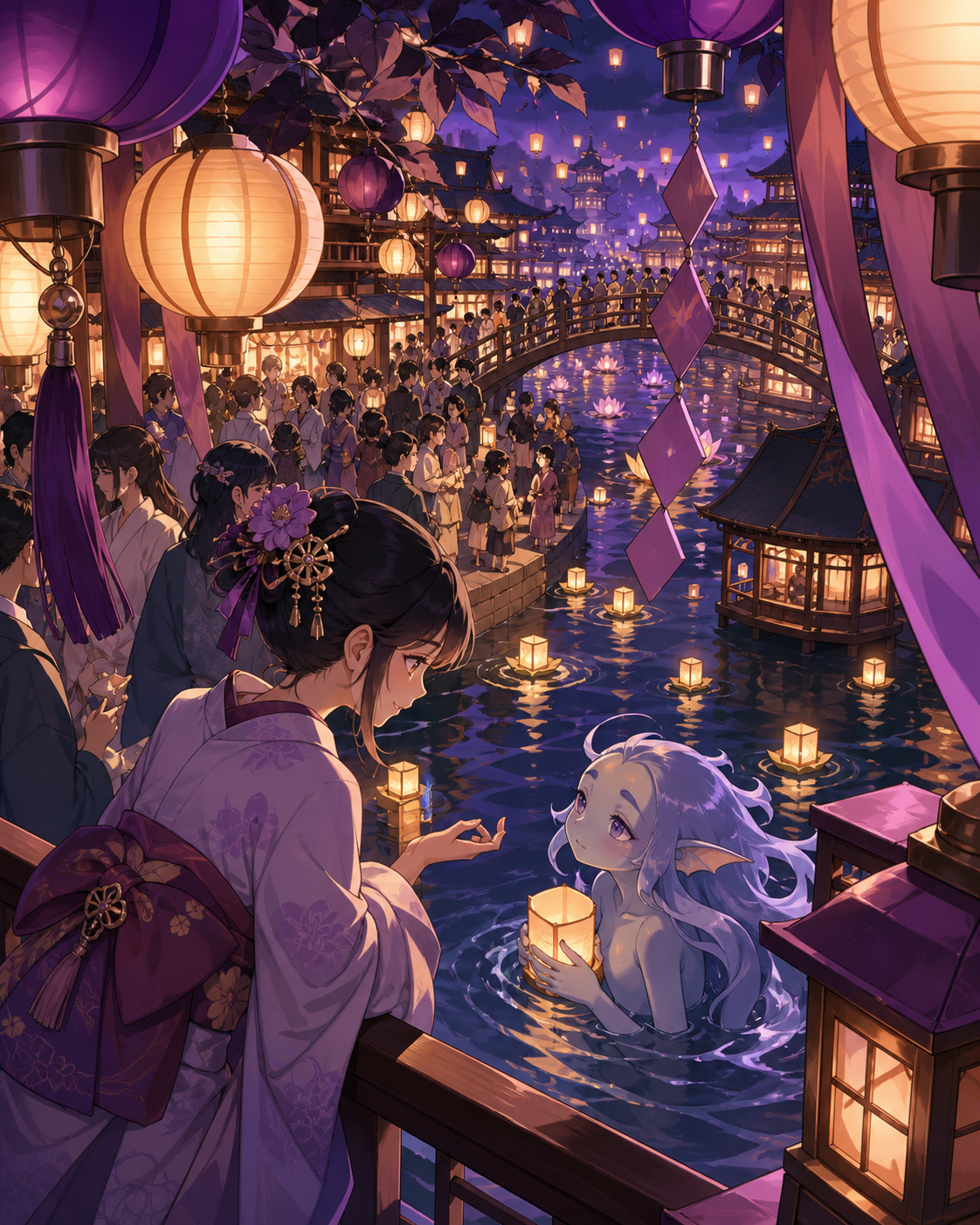 A river lantern festival attended by humans and shy water spirits, shown at its busiest while one quiet interaction anchors the scene. Layered festival tableau framed by decorations close to the viewer. Mulberry, tea bro