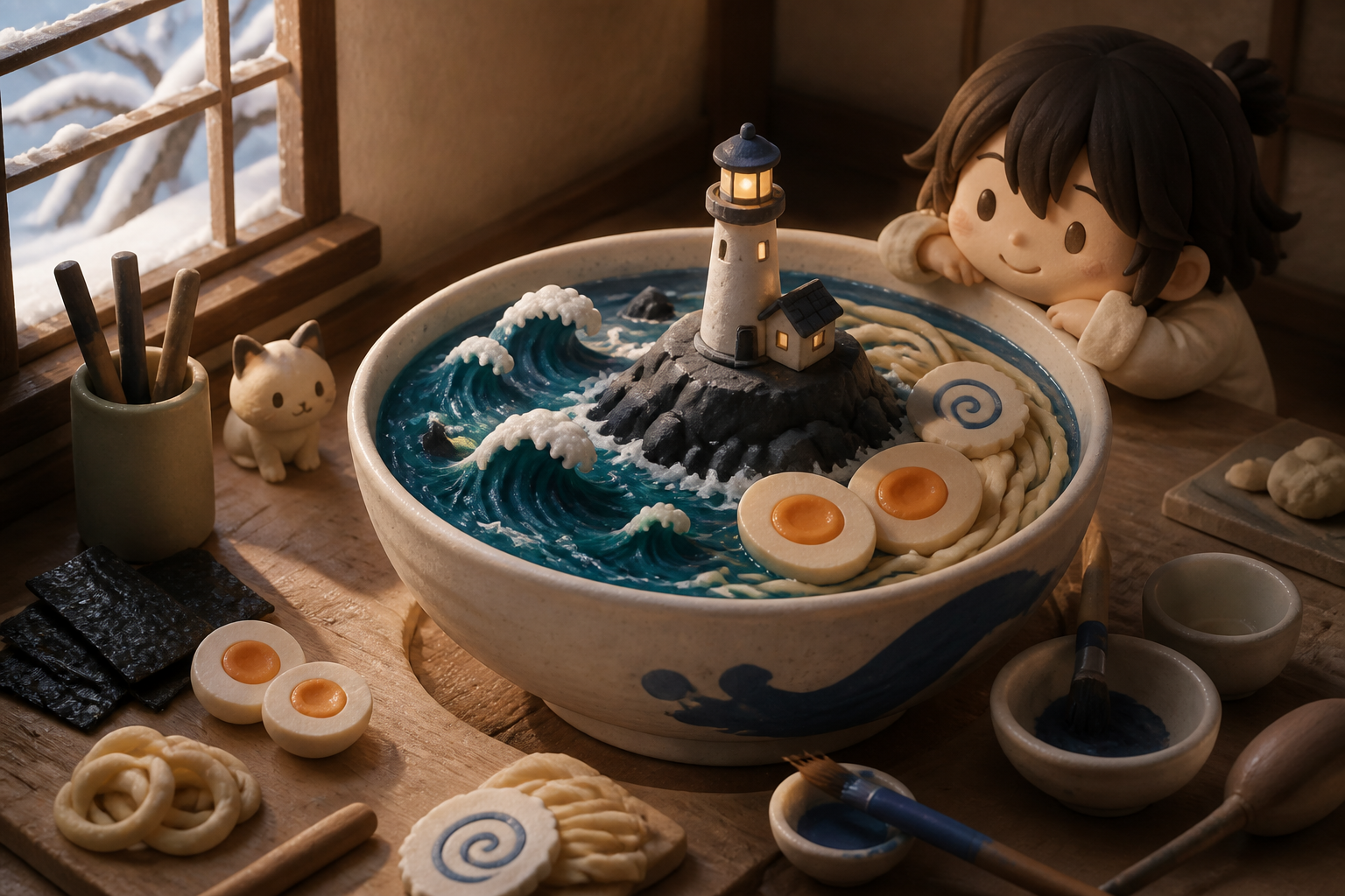 A midnight ramen bowl containing a tiny stormy ocean and lighthouse, surrounded by tiny evidence of the craft used to make it. Intimate close-up with shallow depth and layered foreground details. Soft monochrome with a s