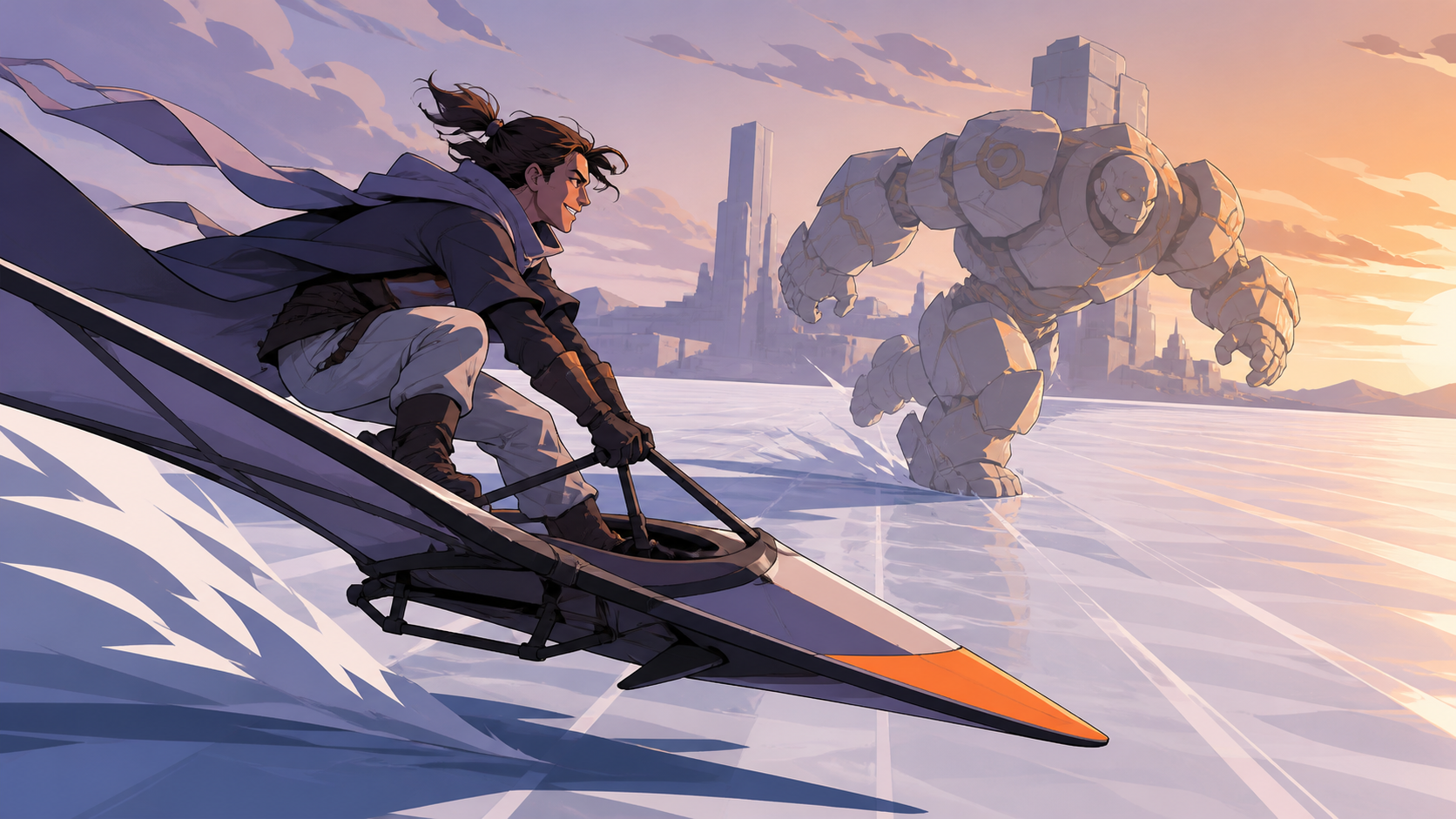 An adult wind rider racing a sand golem across an open salt plain, with the objective readable immediately and no gore. Dynamic low-angle view preserving clear silhouettes. Pale lavender, icy blue, graphite, and one warm