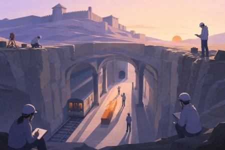 An adult archaeologist uncovering a subway platform beneath an ancient hill fort, at the first careful reveal before any object is moved. Vertical chamber composition with people p