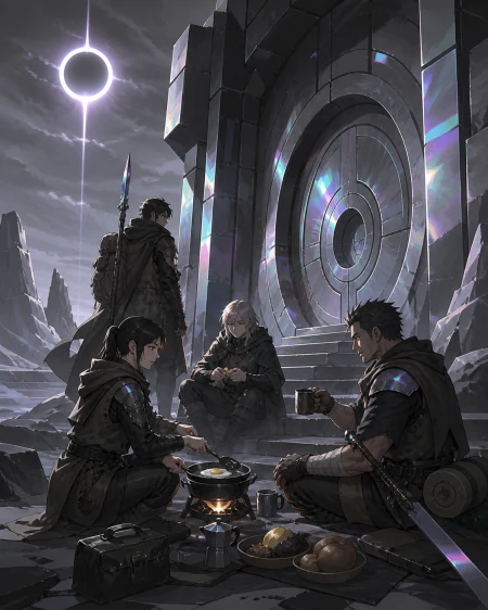 An adult adventuring party cooking breakfast outside a sealed ancient vault, between major dangers during a practical human-scale task. Wide party tableau that makes the environmen