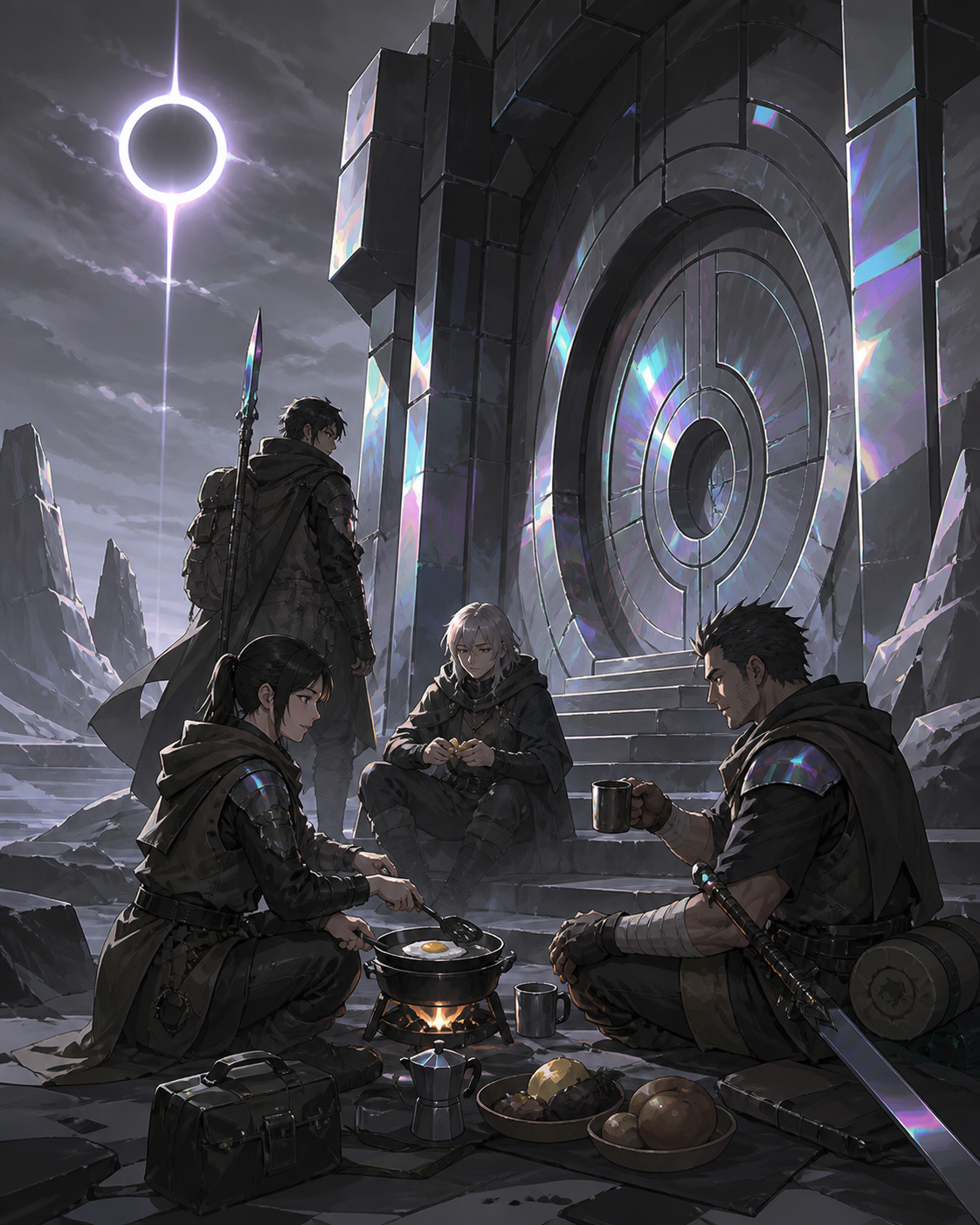 An adult adventuring party cooking breakfast outside a sealed ancient vault, between major dangers during a practical human-scale task. Wide party tableau that makes the environment feel explorable. Monochrome graphite w