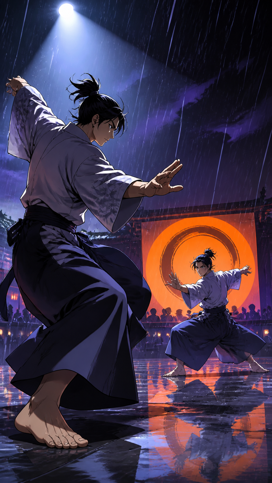 Two martial artists performing a ceremonial exhibition in heavy rain, shown as disciplined athletic movement rather than combat spectacle. Long-lens frame compressing competitors and terrain into layered motion. Pale lav