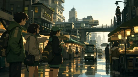 Teen friends browsing a neon night market beneath stacked apartments, after rain creates broad colored reflections across the pavement. Street-level cinematic frame with deep layer