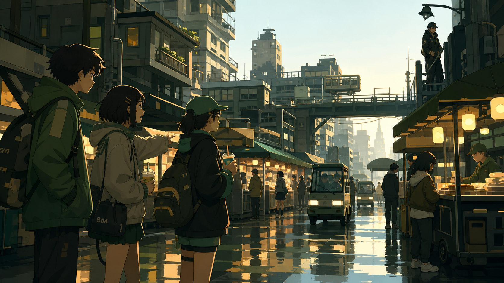 Teen friends browsing a neon night market beneath stacked apartments, after rain creates broad colored reflections across the pavement. Street-level cinematic frame with deep layers of neighborhood activity. Moss green, 