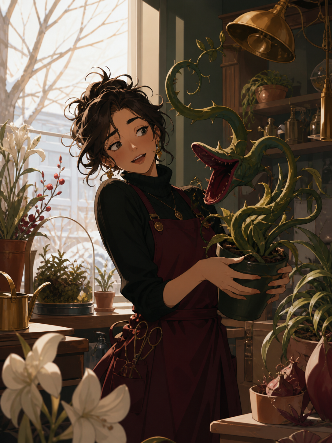 An adult woman florist who quietly cultivates supernatural plants, captured during one unguarded moment in their workplace. Intimate waist-up portrait with unusual negative space and environmental context. Burgundy, midn