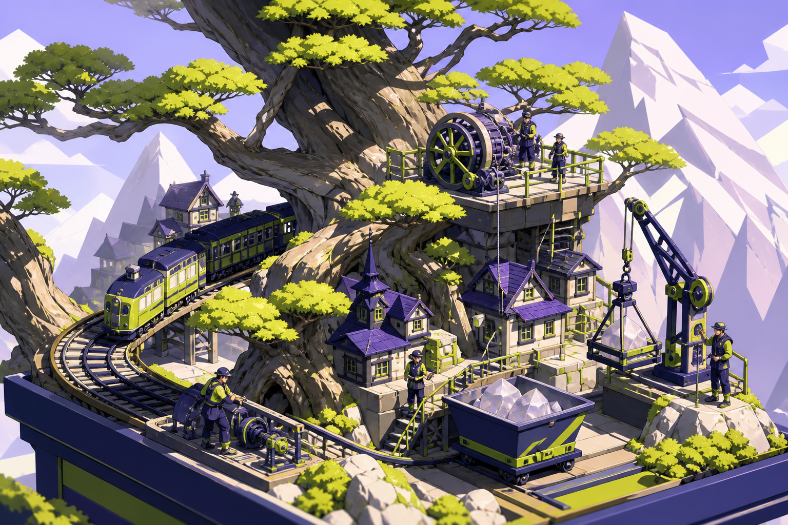 An alpine railway winding through the branches of an ancient bonsai, as inhabitants solve an everyday problem using ingenious small machinery. Isometric-like miniature vista with multiple readable zones of activity. Acid