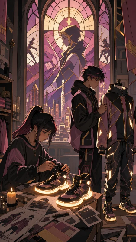 Siblings customizing luminous sneakers in a compact bedroom studio, in a public urban location that explains how the clothing functions. Candid studio view showing design process a