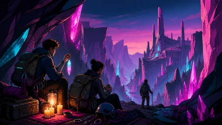 Adult climbers crossing a mineral canyon that softly rings in the wind, shown through preparation and curiosity rather than peril. Medium camp scene opening onto a monumental dista