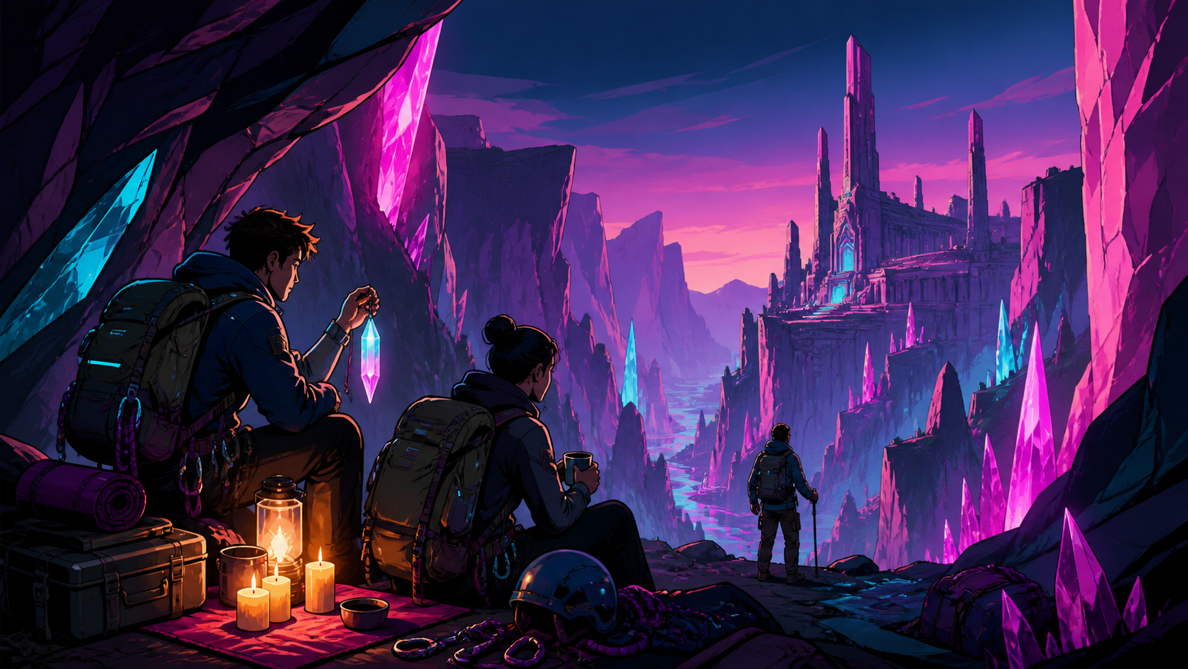 Adult climbers crossing a mineral canyon that softly rings in the wind, shown through preparation and curiosity rather than peril. Medium camp scene opening onto a monumental distant view. Saturated magenta, electric cya