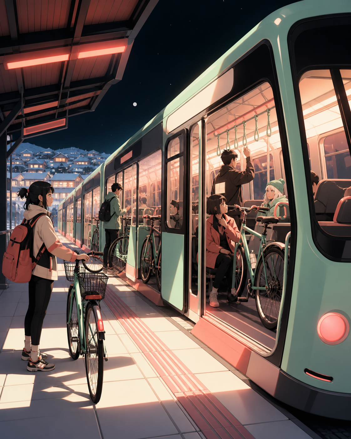 A bicycle train connecting small neighborhoods after dark, late at night when public transport feels temporarily intimate. Wide station frame showing vehicle, platform, and multiple passenger stories. Celadon, coral pink