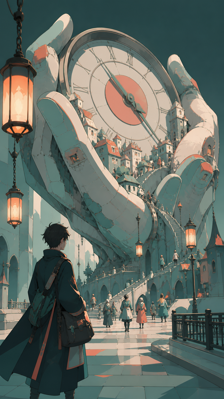 A city built in the still space between the hands of a giant stopped clock, shown through ordinary life continuing around the impossible landmark. Ground-level traveler view making the landmark fill most of the distance.