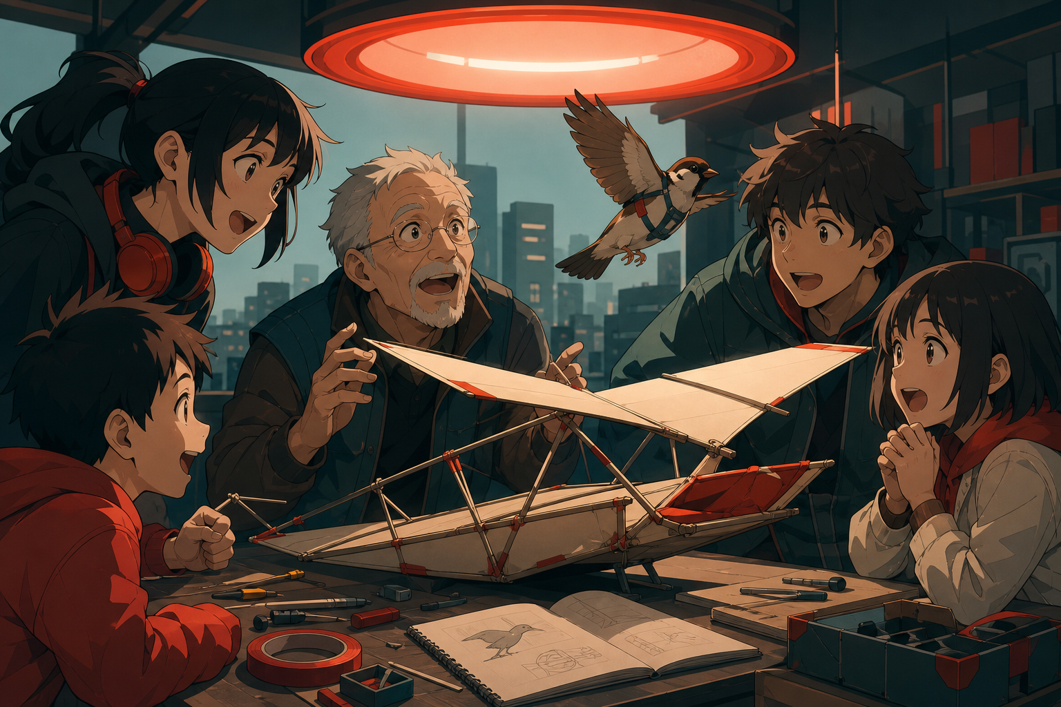 A mixed-age maker club constructing a safe glider for an injured bird, when the invention succeeds in a surprising but useful way. Close collaborative frame with varied reactions around one prototype. Vermillion, charcoa