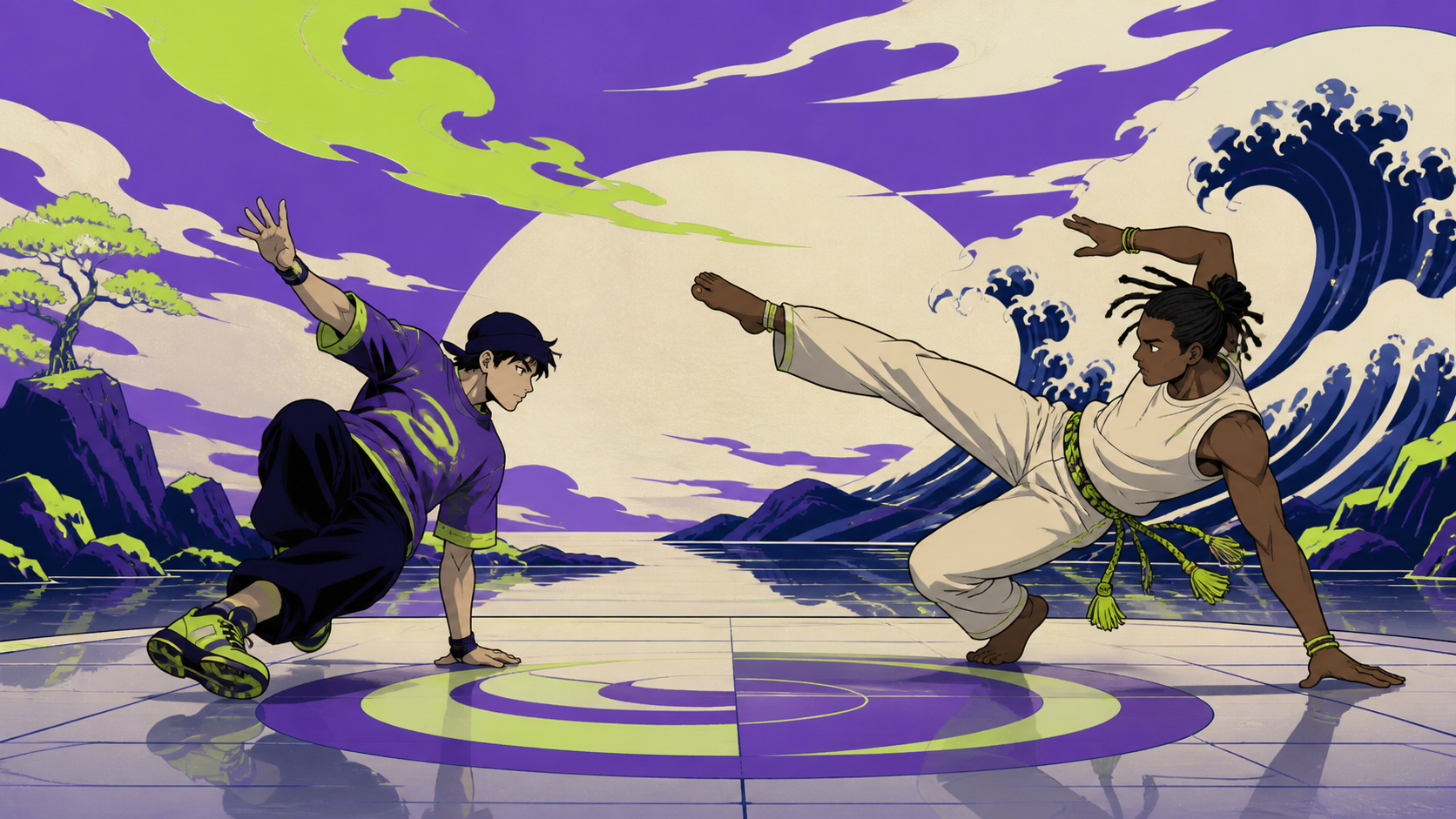 A street dancer and a capoeira fighter improvising a friendly duel, in a calm location whose stillness contrasts with precise movement. Wide side-on frame showing both complete poses and the space between them. Acid lime