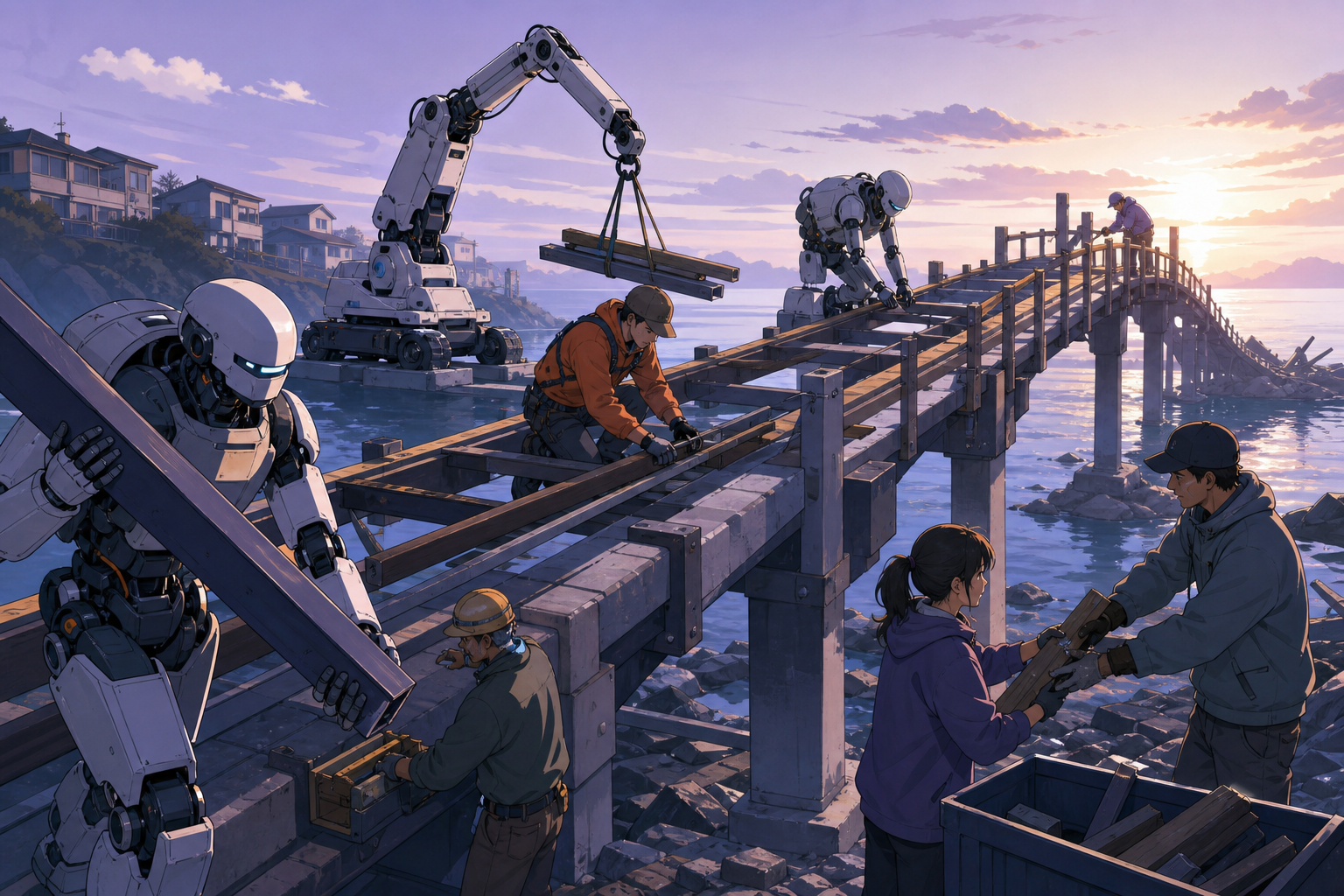 A team of service robots rebuilding a neighborhood footbridge after a storm, with ordinary people contributing through distinct useful tasks. Strong diagonal composition following a rescue line across the scene. Pale lav