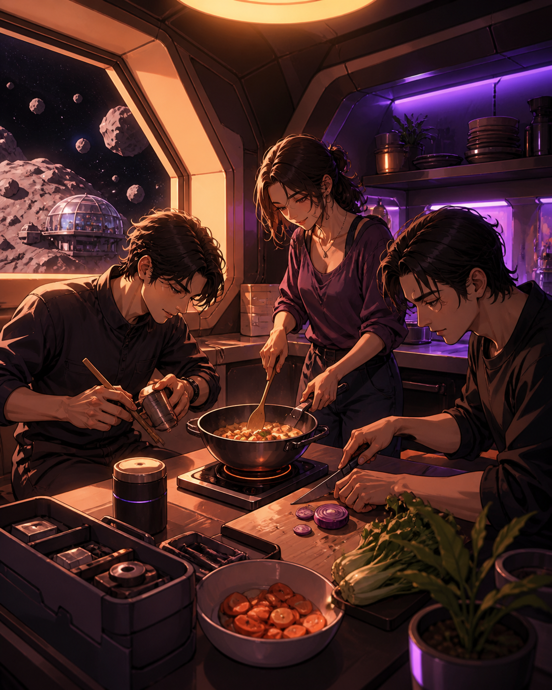 A family of adult siblings preparing dinner in their inherited asteroid home, during a small household inconvenience solved with improvised tools. Intimate table-level composition anchored by a shared everyday task. Apri