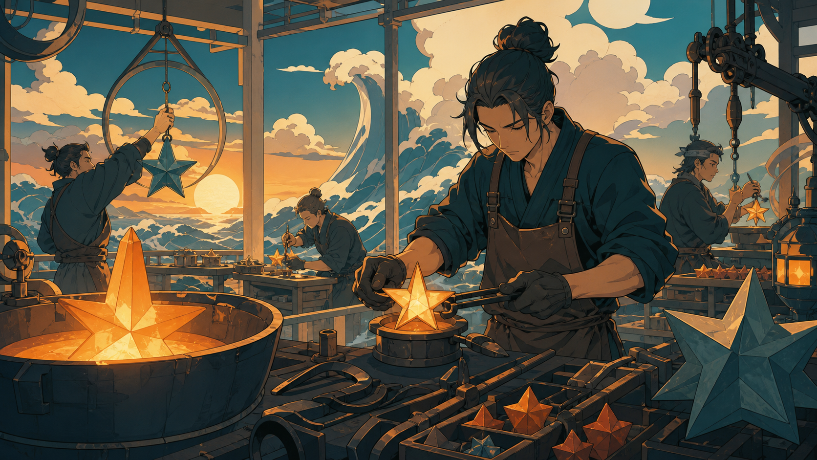 A tiny forge that crafts replacement stars for rural night skies, during a busy workday filled with several precise ongoing tasks. Close observational composition layered with tools in foreground and active work behind. 