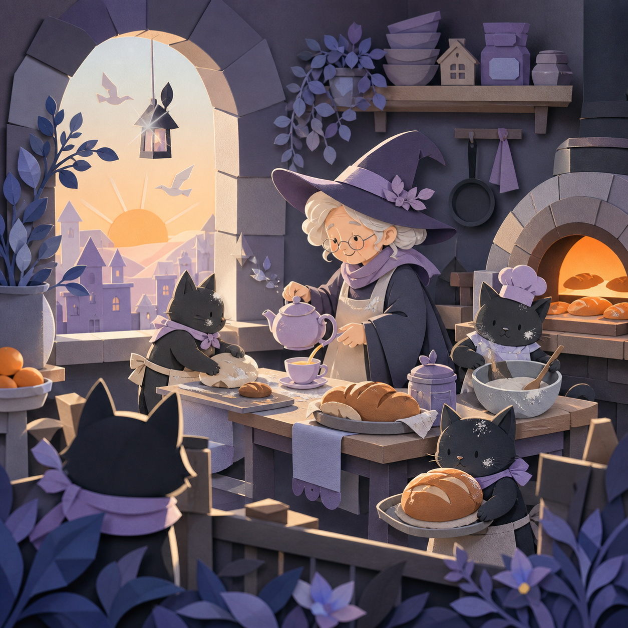 A tiny bakery shared by an elderly witch and several flour-covered familiars, at sunrise while breakfast and tea are being prepared. Cozy eye-level view with foreground objects framing the scene. Pale lavender, icy blue,