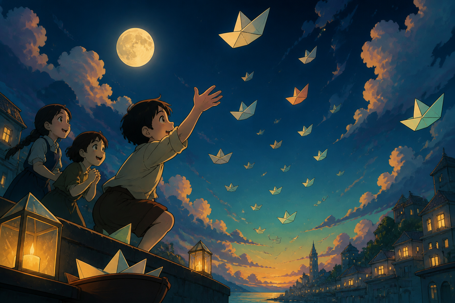 Children launching paper boats that sail upward into the evening sky, seen entirely through playful discovery and age-appropriate imagination. Child-height viewpoint making the discovery feel monumental. Moonlit indigo, 