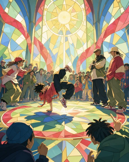 Teen street dancers facing a veteran duo in a public plaza, as the surrounding circle reacts to an unexpected move. Wide circle composition preserving complete dancer silhouettes. 