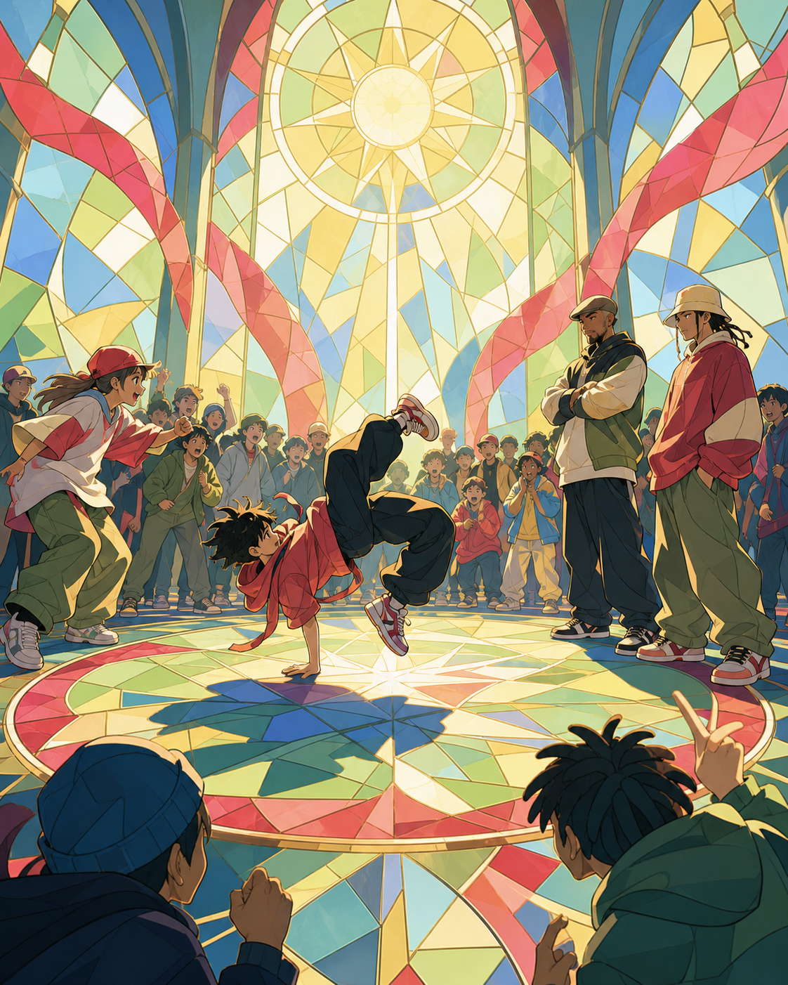 Teen street dancers facing a veteran duo in a public plaza, as the surrounding circle reacts to an unexpected move. Wide circle composition preserving complete dancer silhouettes. Soft pistachio, butter yellow, powder bl