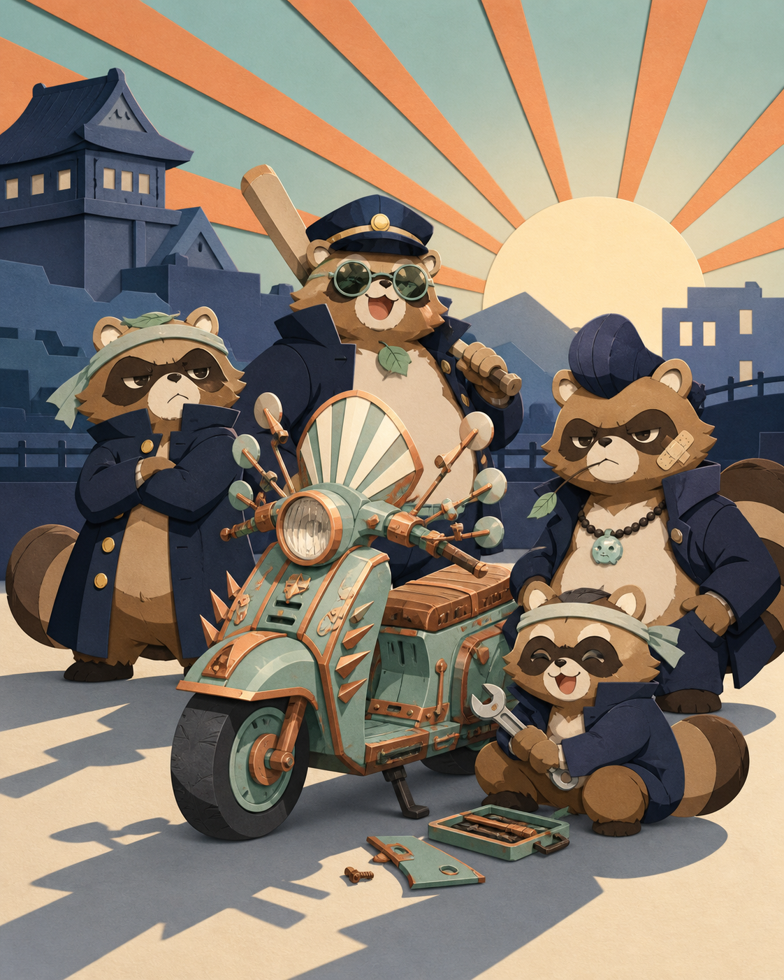 Four delinquent tanuki posing beside a comically customized scooter, caught immediately before their elaborate plan obviously fails. Ensemble comedy tableau with several connected visual jokes. Moonlit indigo, oxidized c