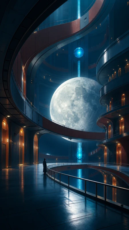 An impossible hotel whose hallways curve around a captive moon, shown empty just before its inhabitants wake. Dramatic vertical composition emphasizing scale and impossible geometr