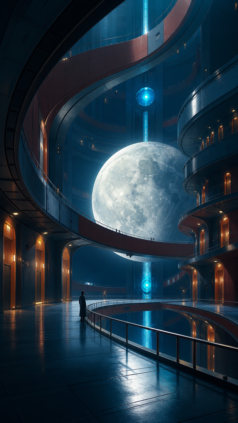 An impossible hotel whose hallways curve around a captive moon, shown empty just before its inhabitants wake. Dramatic vertical composition emphasizing scale and impossible geometry. Petrol blue, oxide red, industrial gr