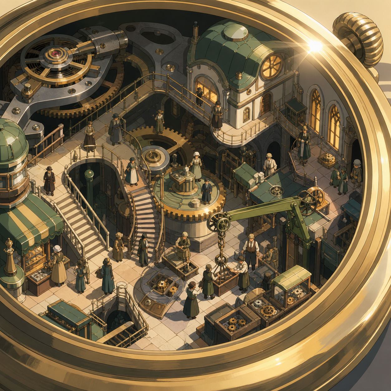 A bustling market hidden inside the mechanism of a pocket watch, as inhabitants solve an everyday problem using ingenious small machinery. Isometric-like miniature vista with multiple readable zones of activity. Moss gre
