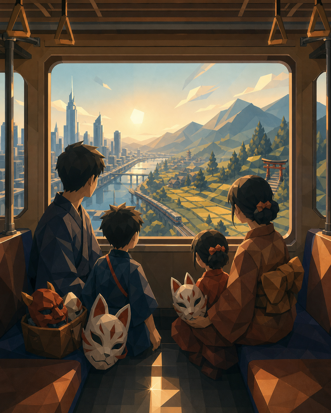 A family carrying festival masks onto the final train home, as the route crosses from a modern city into an enchanted countryside. View across the carriage toward a large landscape-filled window. Amber, walnut brown, rai
