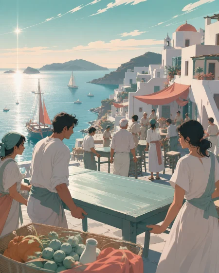 A cliffside village carrying tables into a square for a summer feast, during a bright communal day shaped by work, food, and sea travel. Low harbor composition following people and