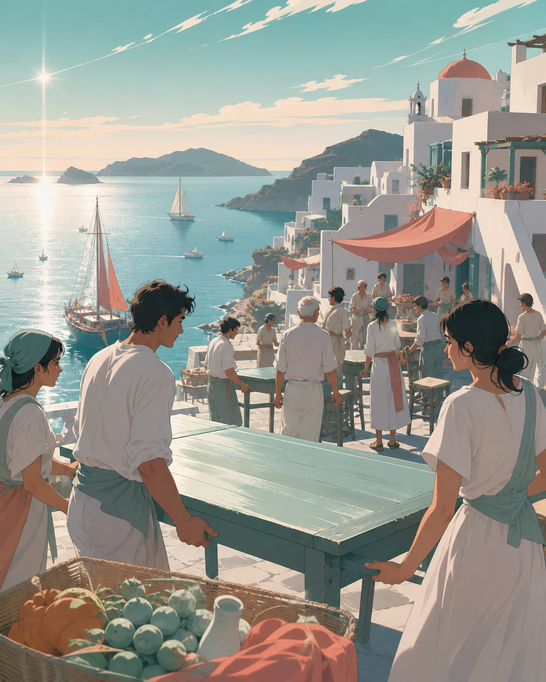 A cliffside village carrying tables into a square for a summer feast, during a bright communal day shaped by work, food, and sea travel. Low harbor composition following people and boats toward distant islands. Sea-glass