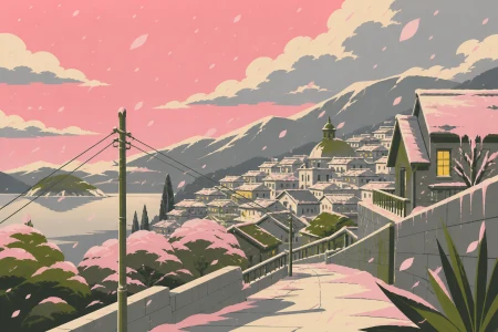 A hillside town waking beneath the first impossible pink snowfall, with sparse human activity grounding an otherwise expansive landscape. Tranquil landscape panorama with a strong 