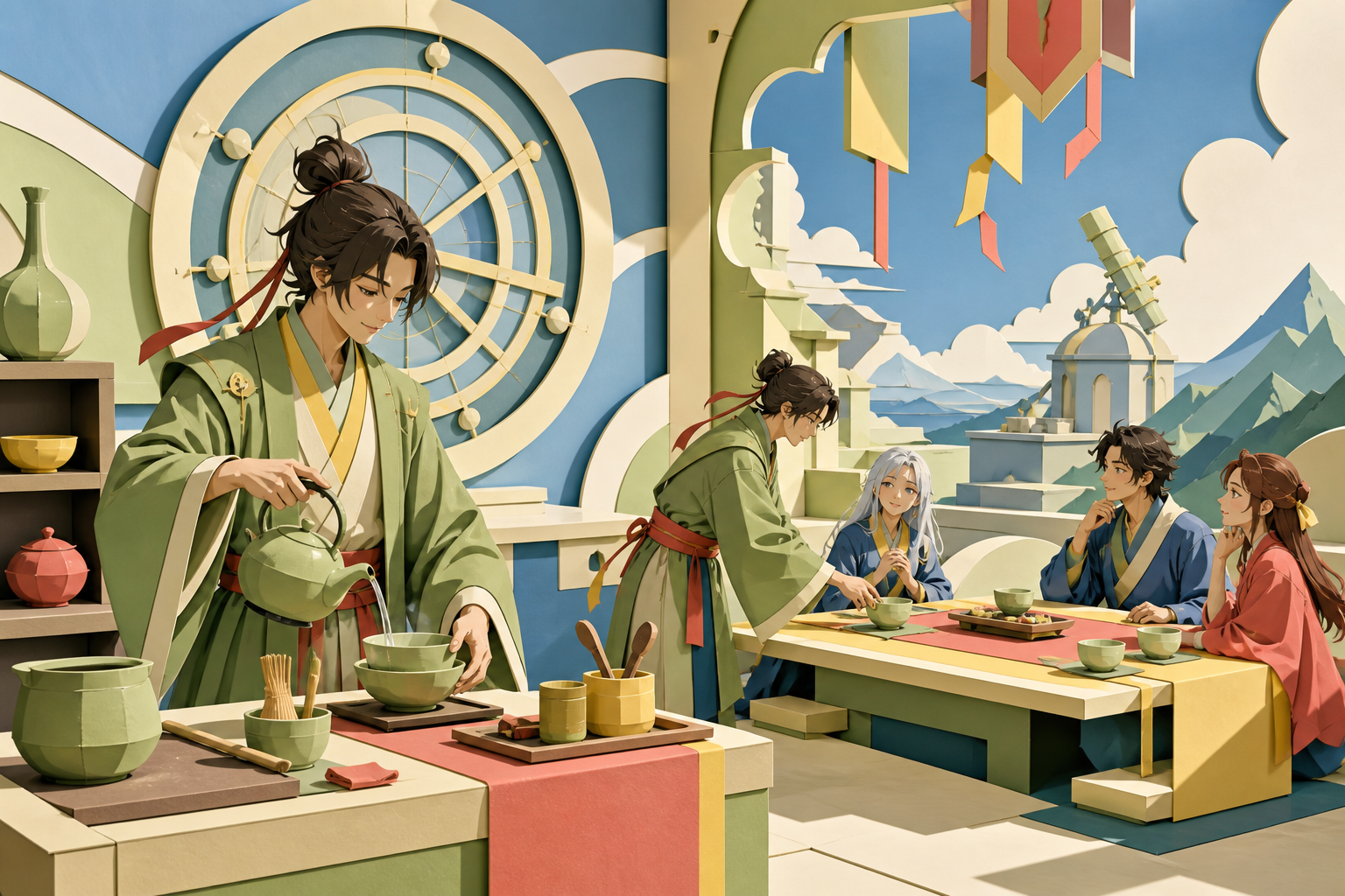 A traveling tea master setting a table at the edge of an ancient observatory, shown through the rhythm of preparation and service. Wide kitchen-and-dining frame linking preparation to the people being served. Soft pistac
