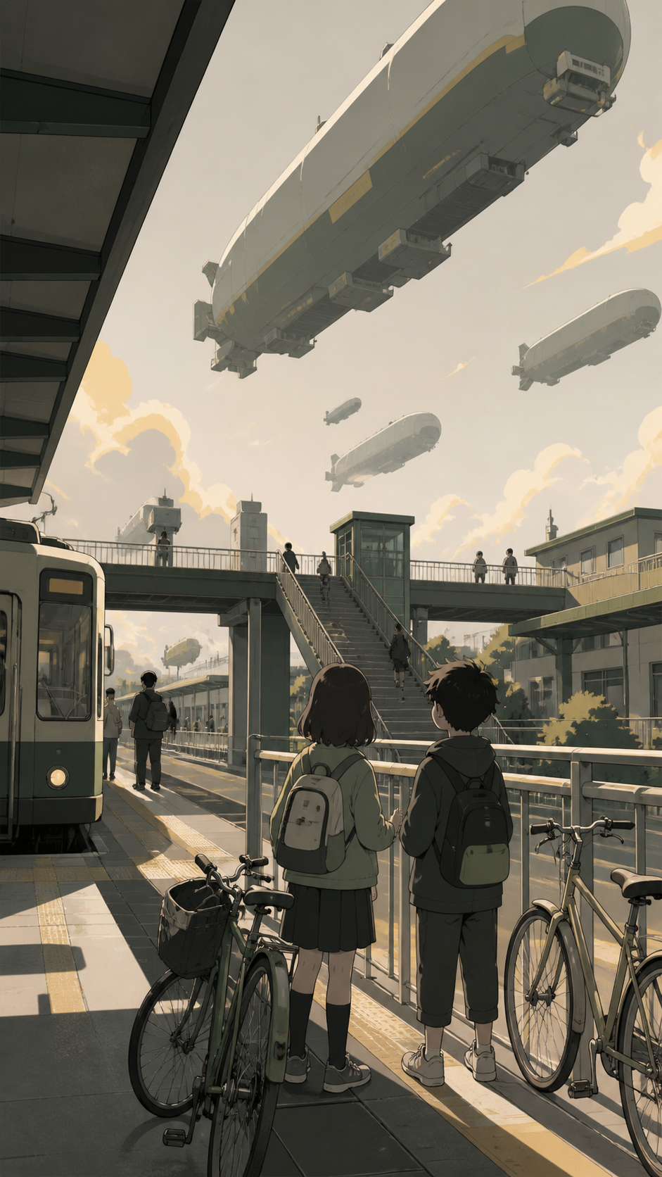Children watching freight airships pass above a suburban station, during an ordinary commute with one unexpected view. Wide station frame showing vehicle, platform, and multiple passenger stories. Moss green, slate gray,