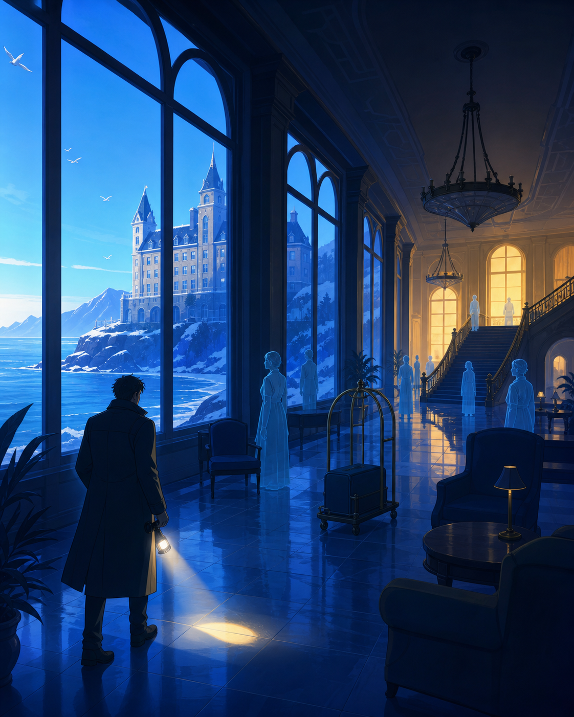 A seaside hotel where translucent guests patiently wait for sunrise, explored by one cautious adult carrying a weak practical light. Suspenseful deep-perspective composition with the threat implied rather than centered. 