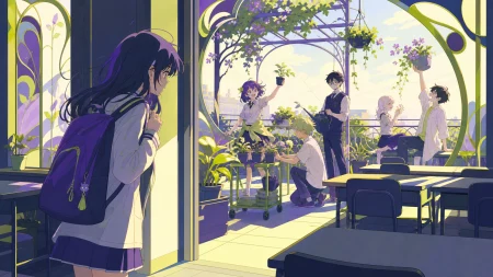 A shy transfer student discovering the rooftop gardening group, after classes when long sunlight fills otherwise empty corridors. Sunlit classroom composition with desks creating c