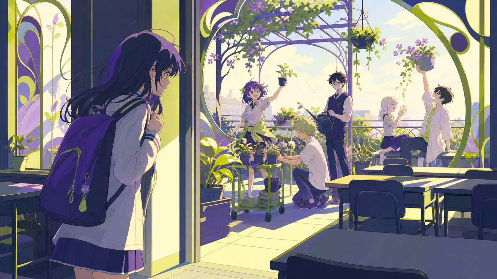 A shy transfer student discovering the rooftop gardening group, after classes when long sunlight fills otherwise empty corridors. Sunlit classroom composition with desks creating calm geometric rhythm. Acid lime, ultravi